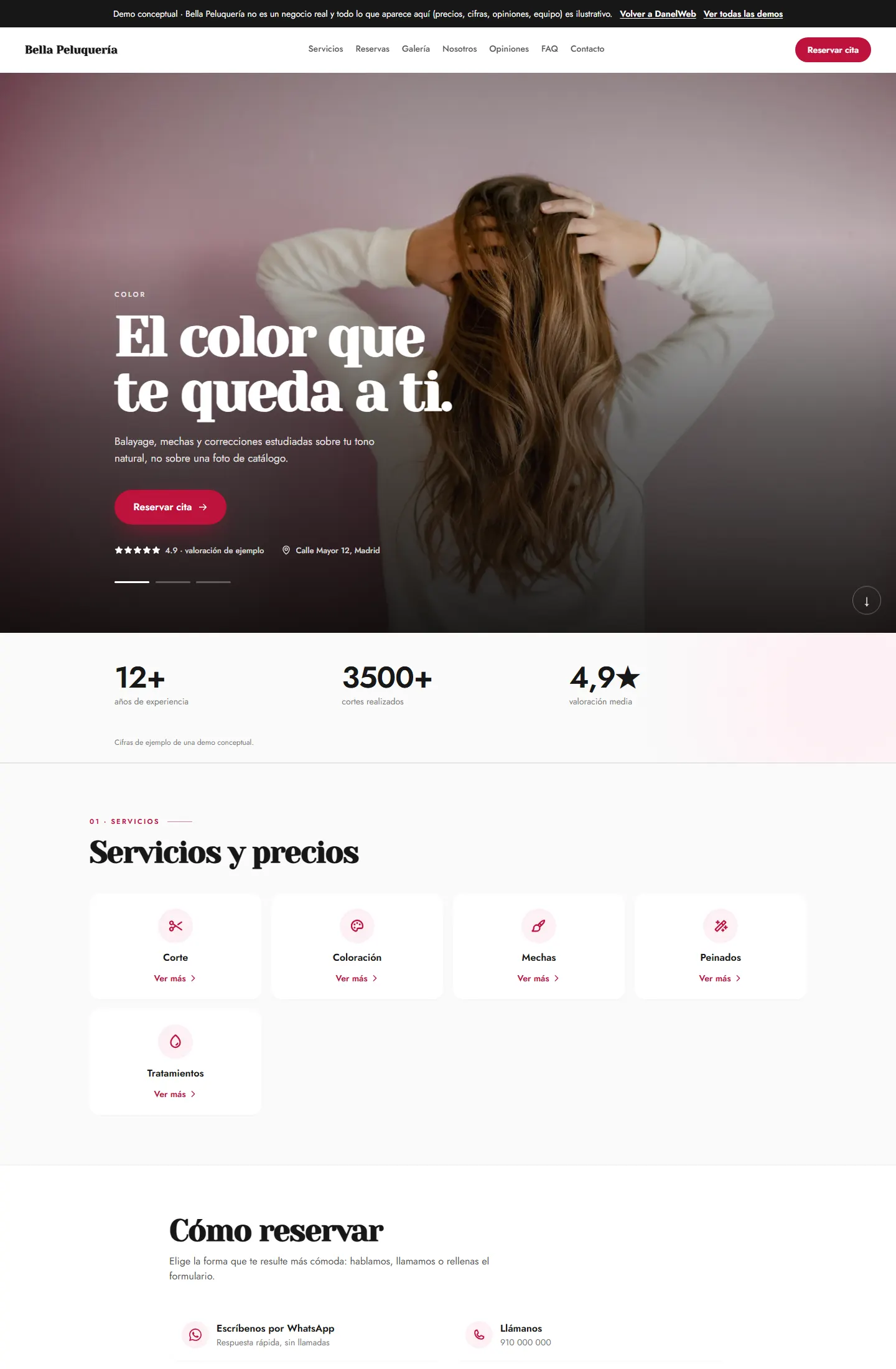 Diseño de la demo Bella Peluquería, con tipografía editorial y fotografía del salón